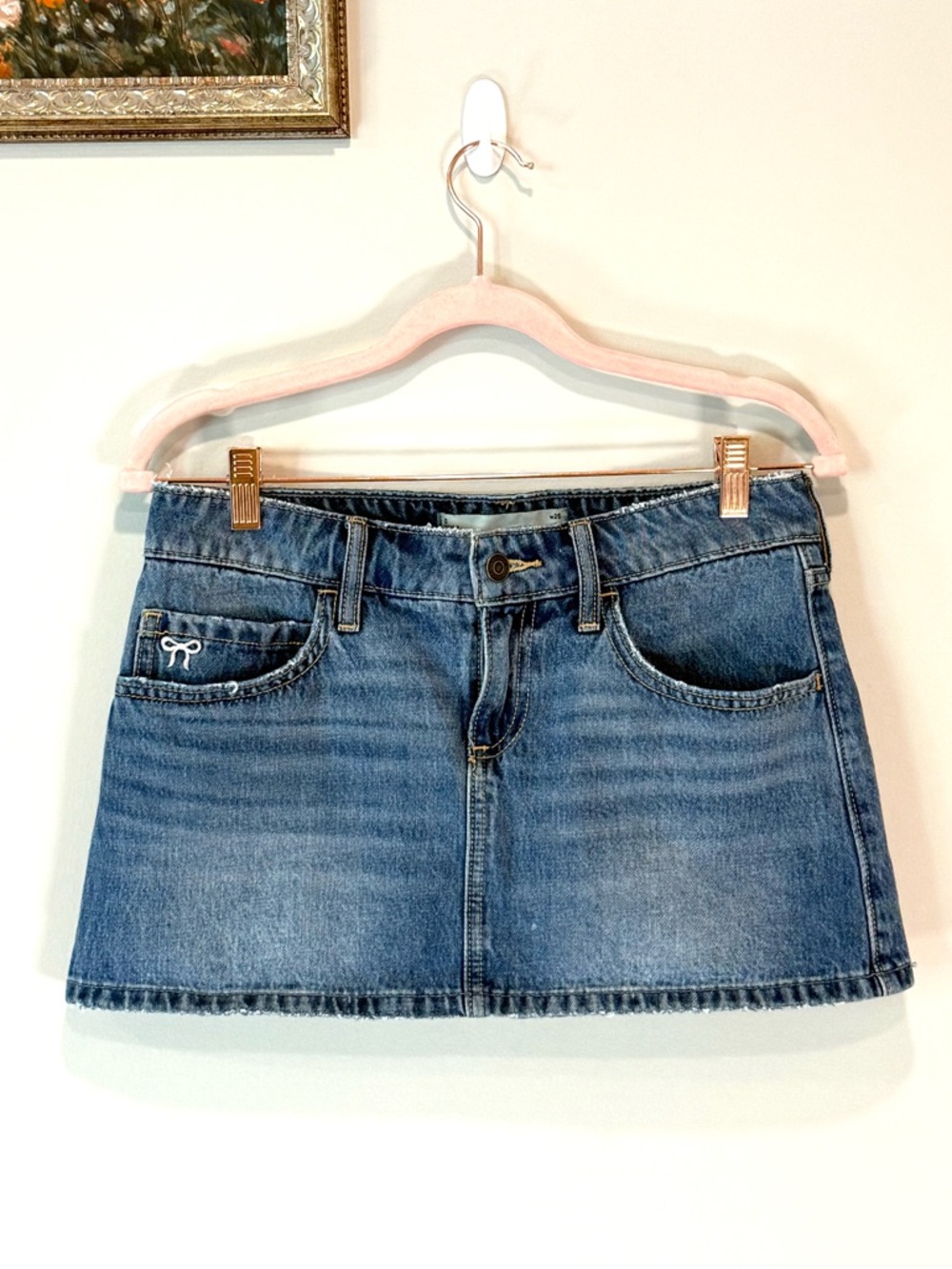 Hollister Light Blue Denim Mini Skirt Pink Bow Embroidered Details - Size 0